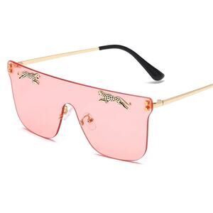 LUXURY Rimless Oversized Cateye Leopard Tiger Sunglasses Gold Accent Pink NEW